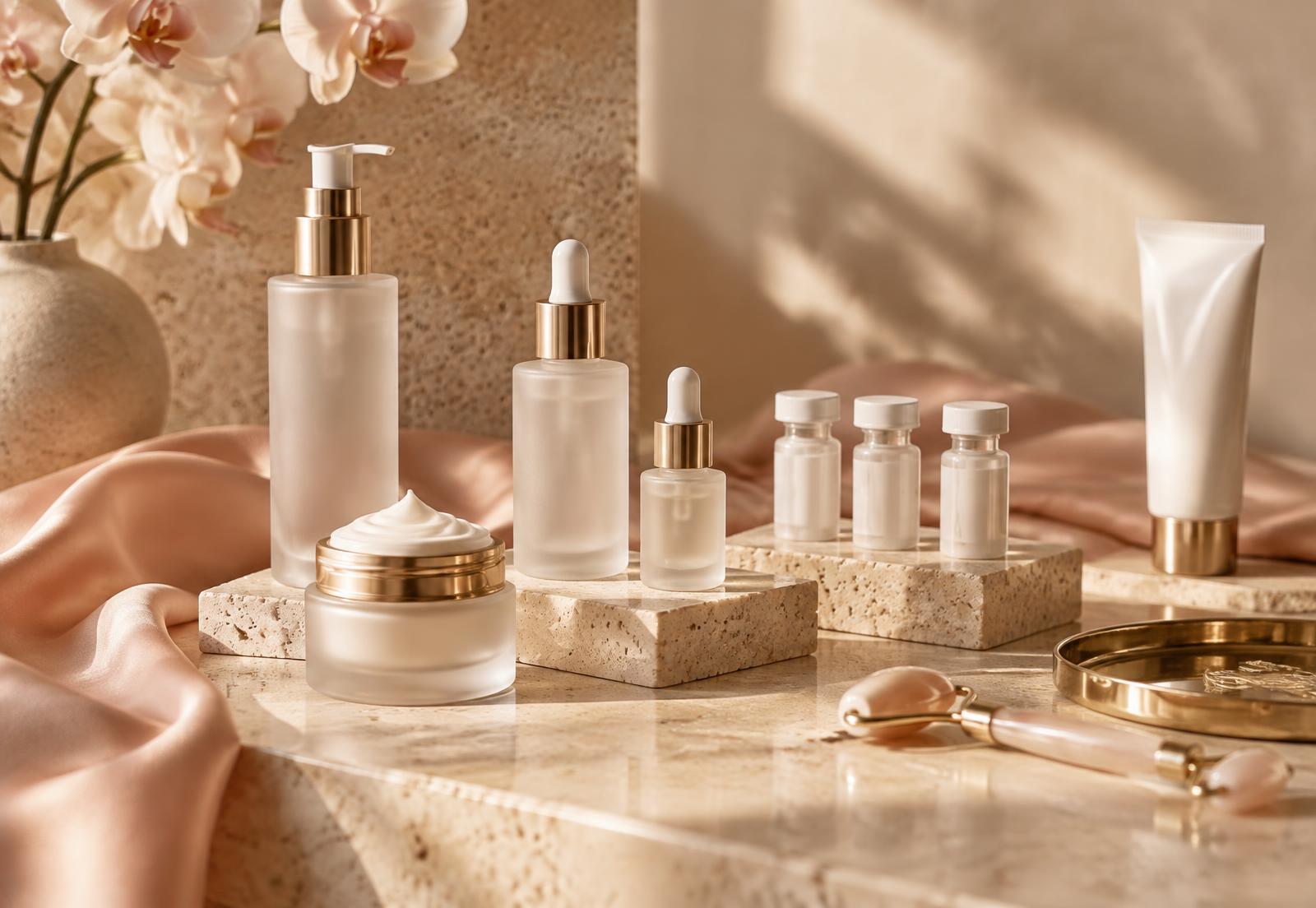 Premium professional skincare and aesthetic products on travertine